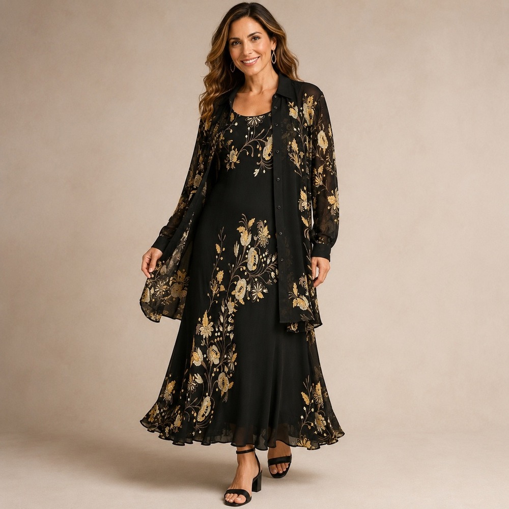 Eva Blue Black Gold Floral Dress Jacket Set 2 Piece Rayon Midi Size 6 Vintage